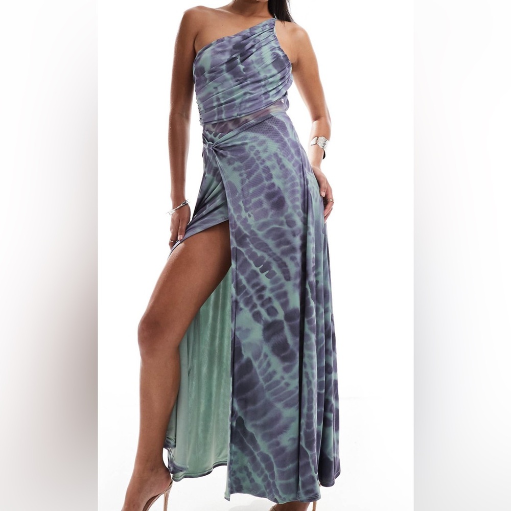 ASOS DESIGN mesh asymmetric one shoulder ruched maxi dress with side split